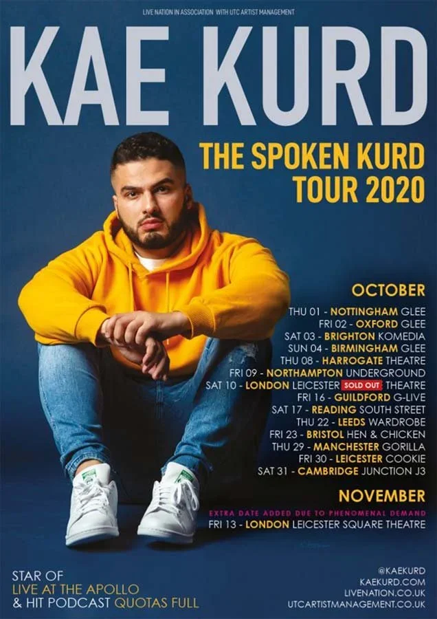 Poster advertising Kae Kurd's 'The Spoken Kurd Tour 2020' with tour dates and locations across the UK, featuring a photo of Kae Kurd in a yellow hoodie sitting with crossed arms.