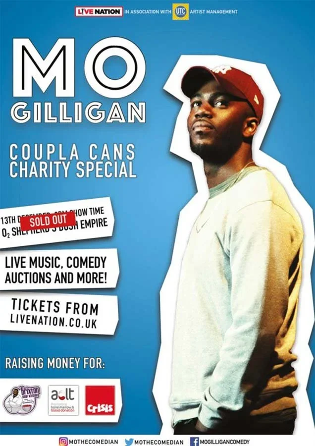 Promotional poster for a comedy show featuring Mo Gilligan, with details about a charity event, live music, auctions, and tickets from liveNation.co.uk. The event is sold out, and it aims to raise money for charity, with logos of charity partners at 