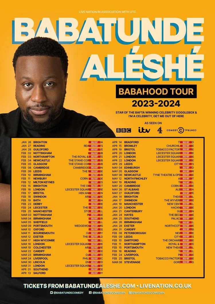 Poster promoting Babatunde Aleshe's 2023-2024 Babahood Tour, featuring his photo and tour dates across various cities in the UK.