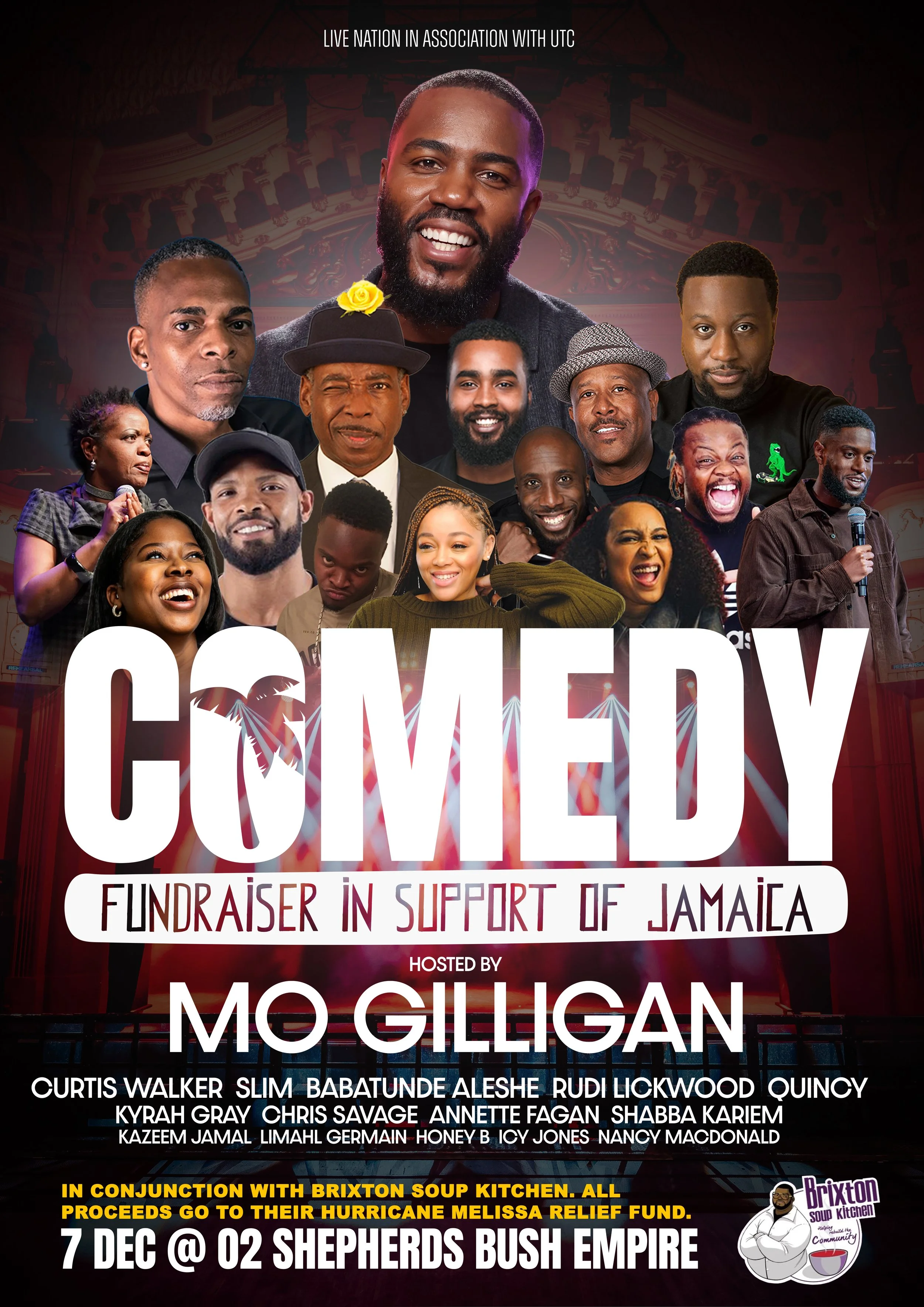 Poster for a comedy fundraiser show in support of Jamaica with images of multiple comedians and event details, hosted by Mo Gilligan.