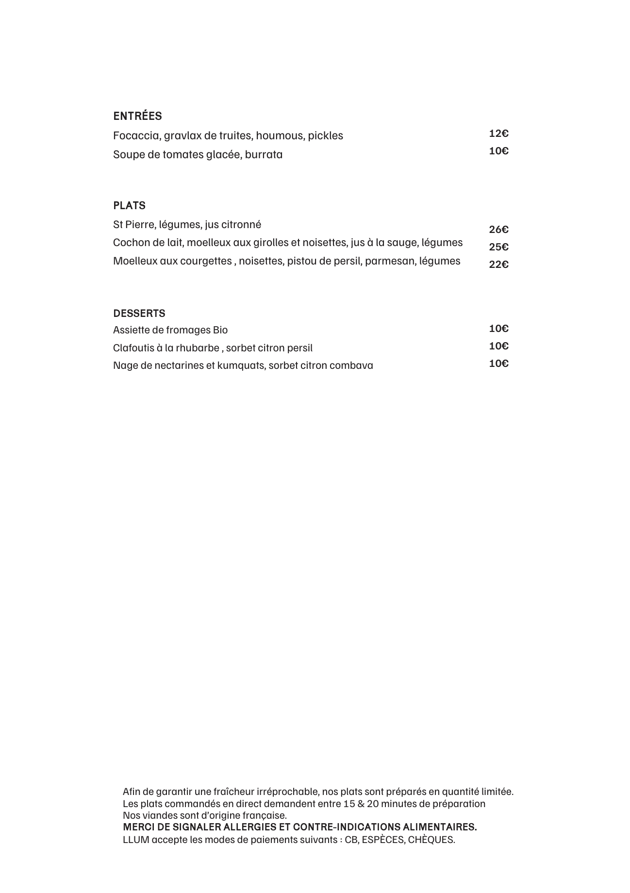 Menu du soir