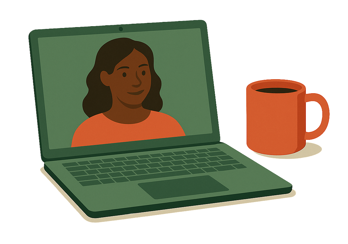 An illustration of a laptop with a woman who is being coached remotely.