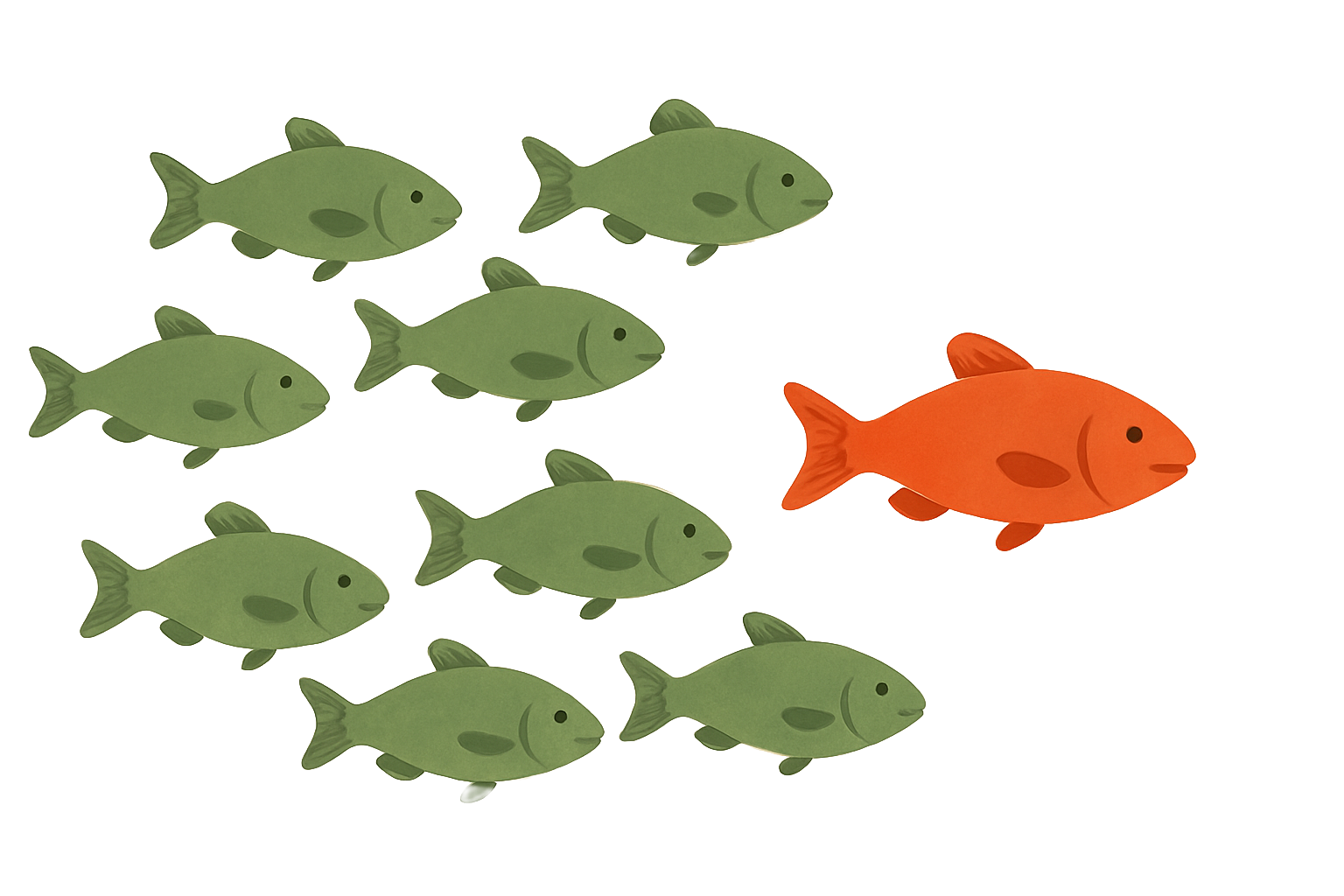 An illustration of a group of fish being led by their leader with trust.