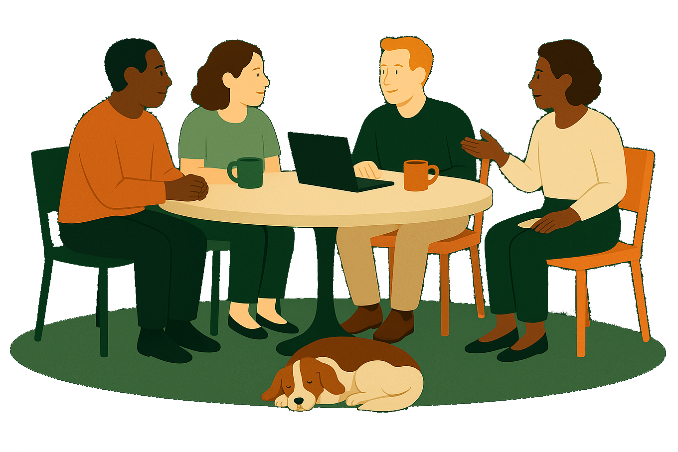 Four diverse adults sitting around a white round table collaborating together.