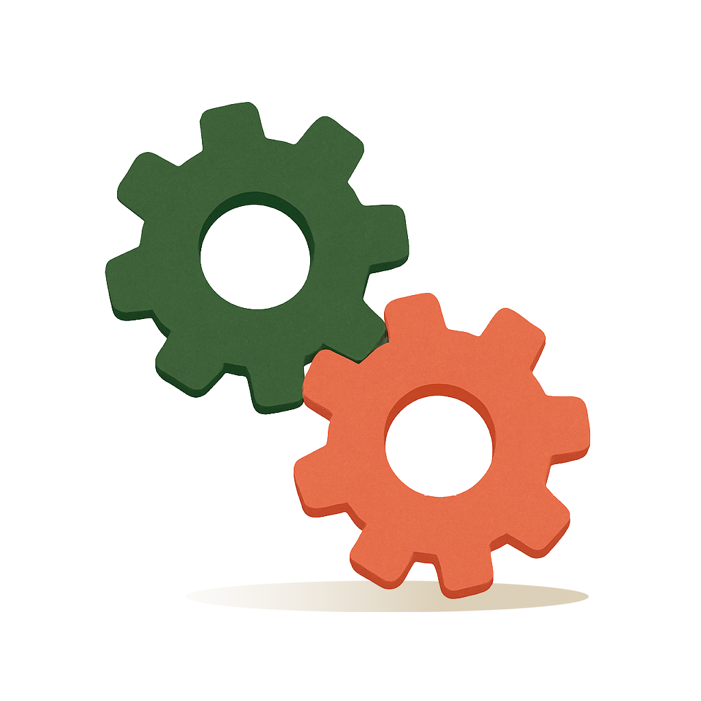 Two interlocking gears that is a symbol for the assessments used with clients.