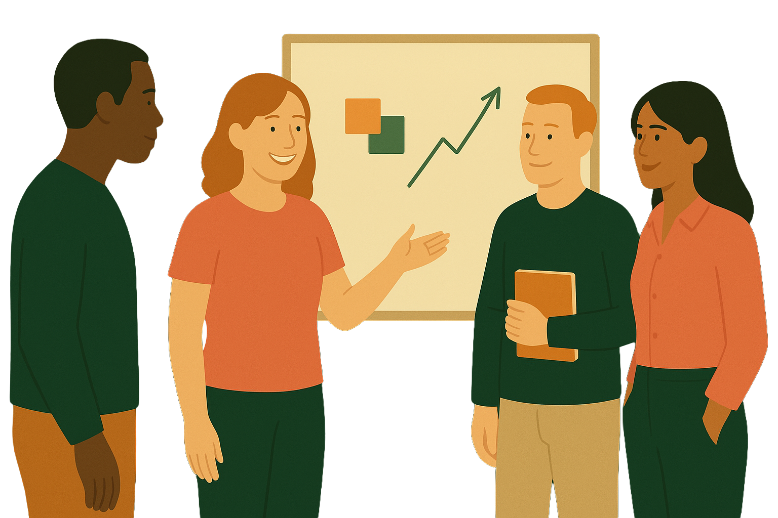 Four people in a meeting room collaborating with trust to deliver stronger results.