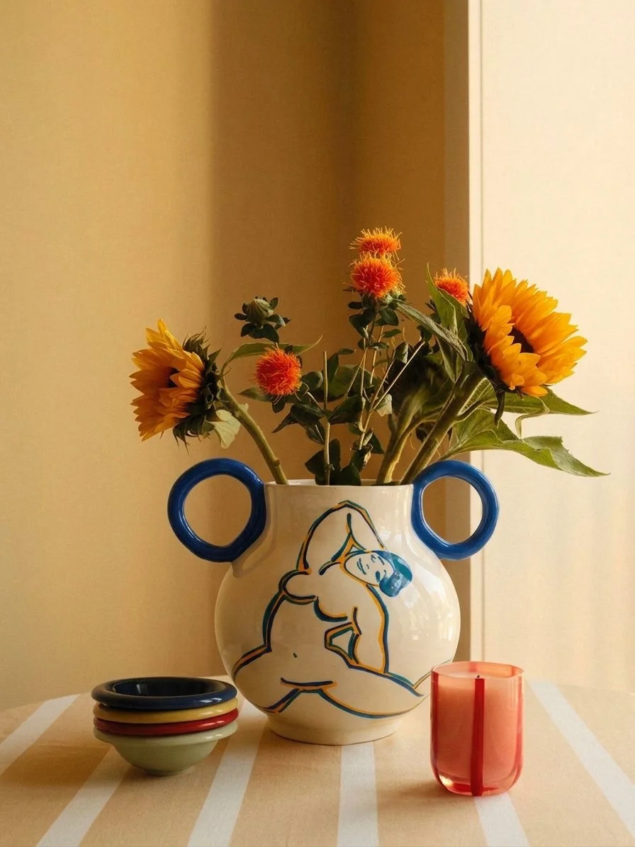 Vase blanc avec deux poignées bleues et dessin d'une femme nue, rempli de tournesols et de fleurs de cataire. Autour, quatre petits bols de couleurs différentes et un verre de bougie rouge, sur une table à rayures beige et blanche.