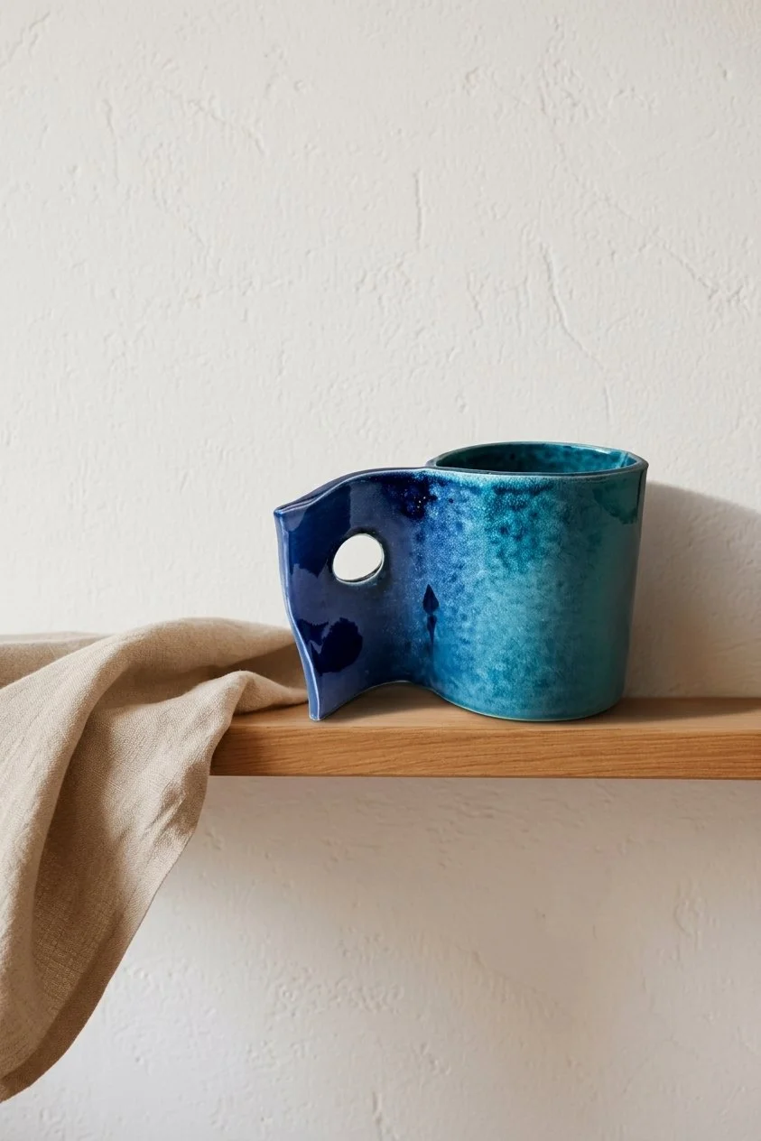Une tasse en céramique bleue et vert turquoise posée sur une étagère en bois, avec un tissu beige déposé enroulé à côté.