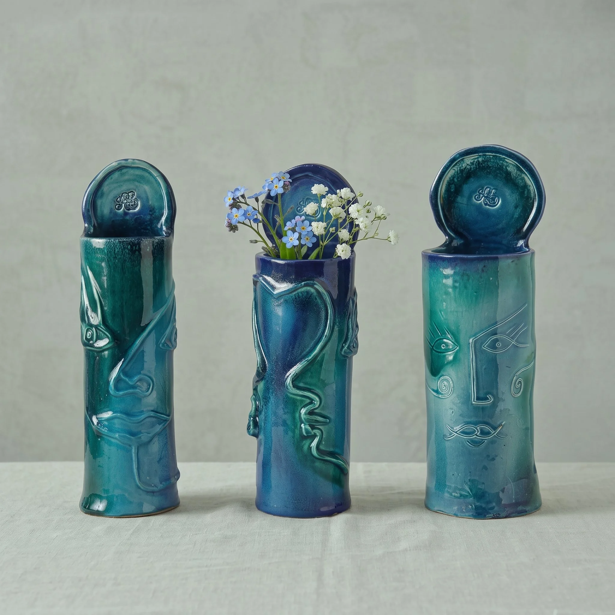 Quatre vases en céramique turquoise contenant des fleurs blanches et bleu clair, posés sur une surface blanche with a light background.