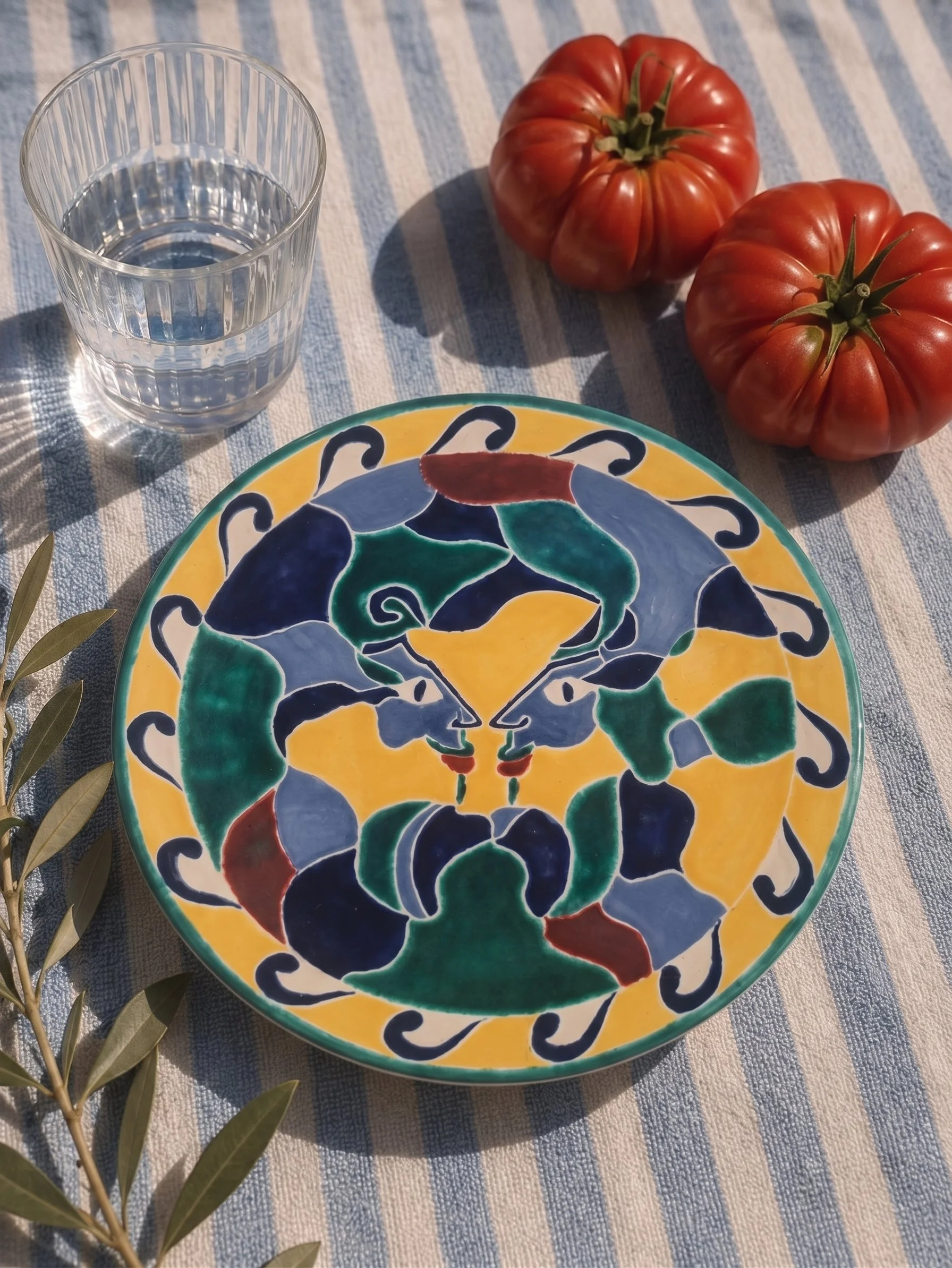 Deux tomates rouges, un verre d'eau transparent, une assiette décorative colorée avec des motifs de calamar, et des feuilles d'olivier sur une nappe à rayures bleues et blanches.