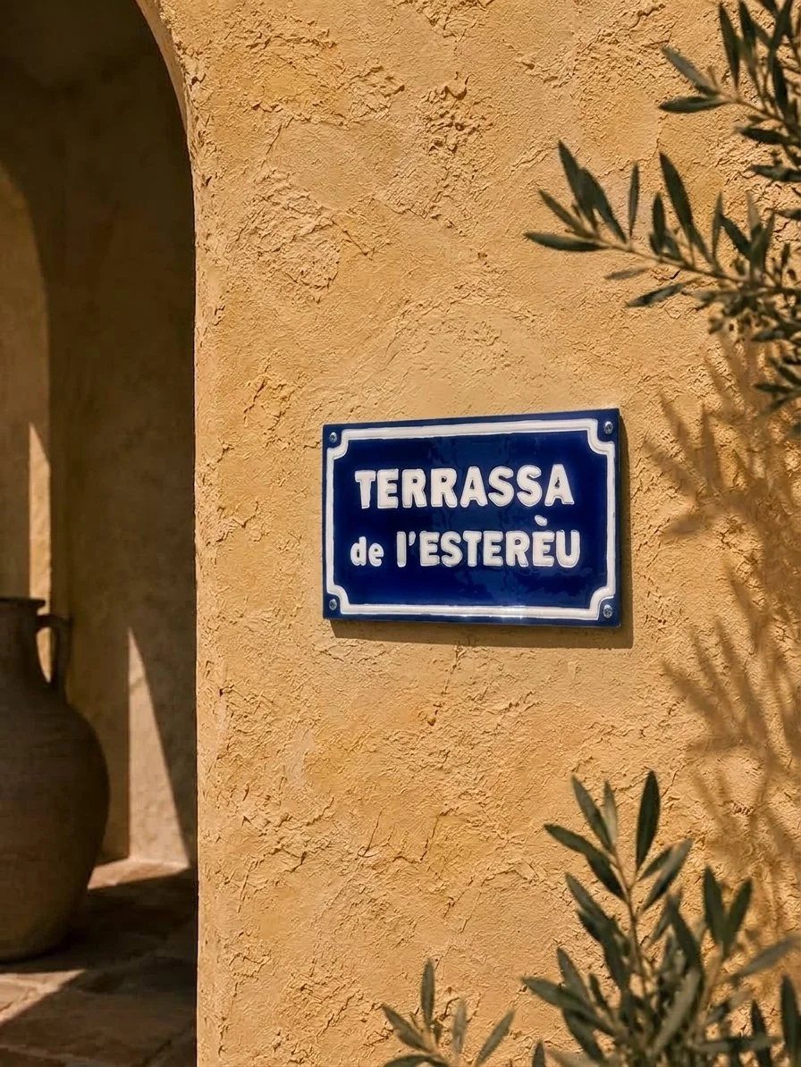 Plaque de rue bleue avec écriture blanche sur un mur en béton beige, lisible : 'Terrassa de l'Estéreu', avec des plantes en premier plan.