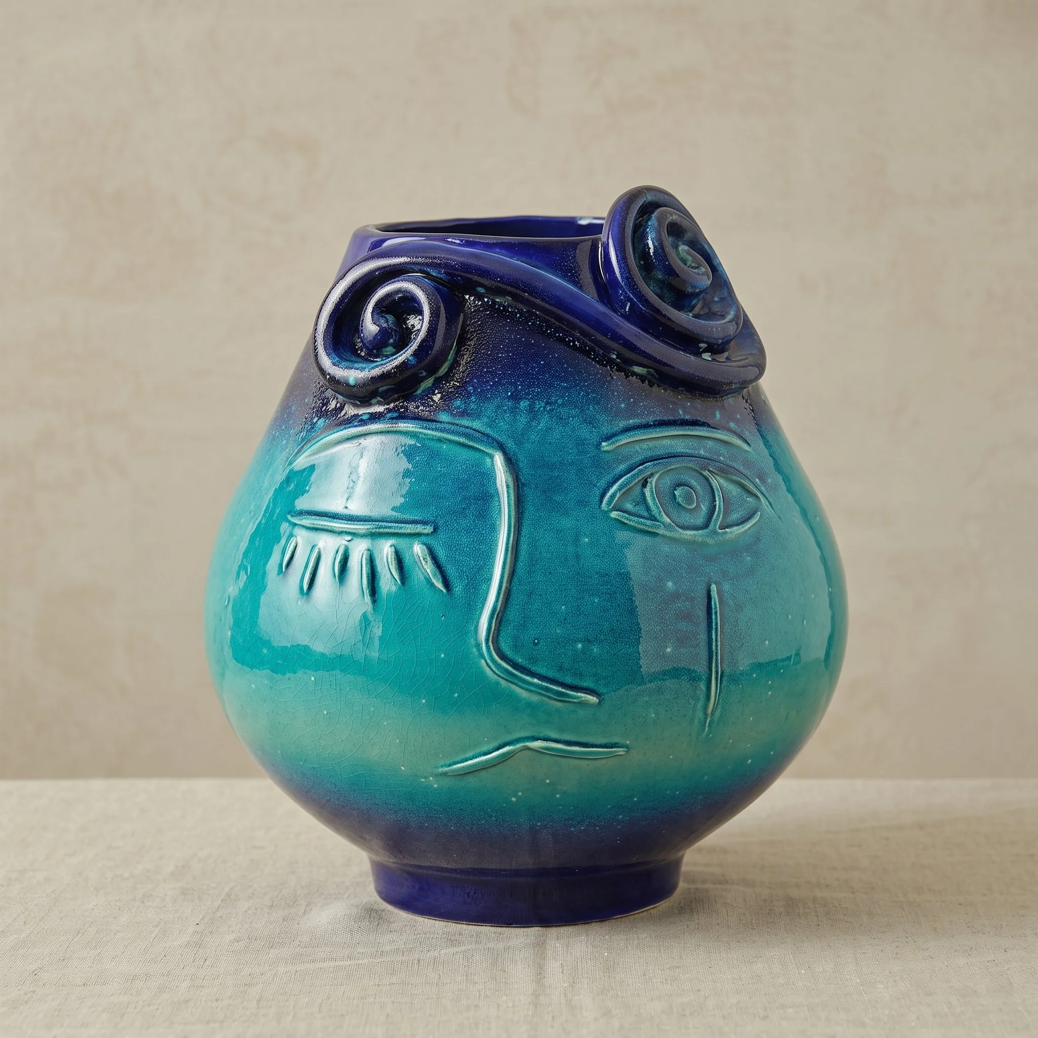 Vase en verre soufflé de couleur bleue avec des motifs spiraux et des textures de craquelure