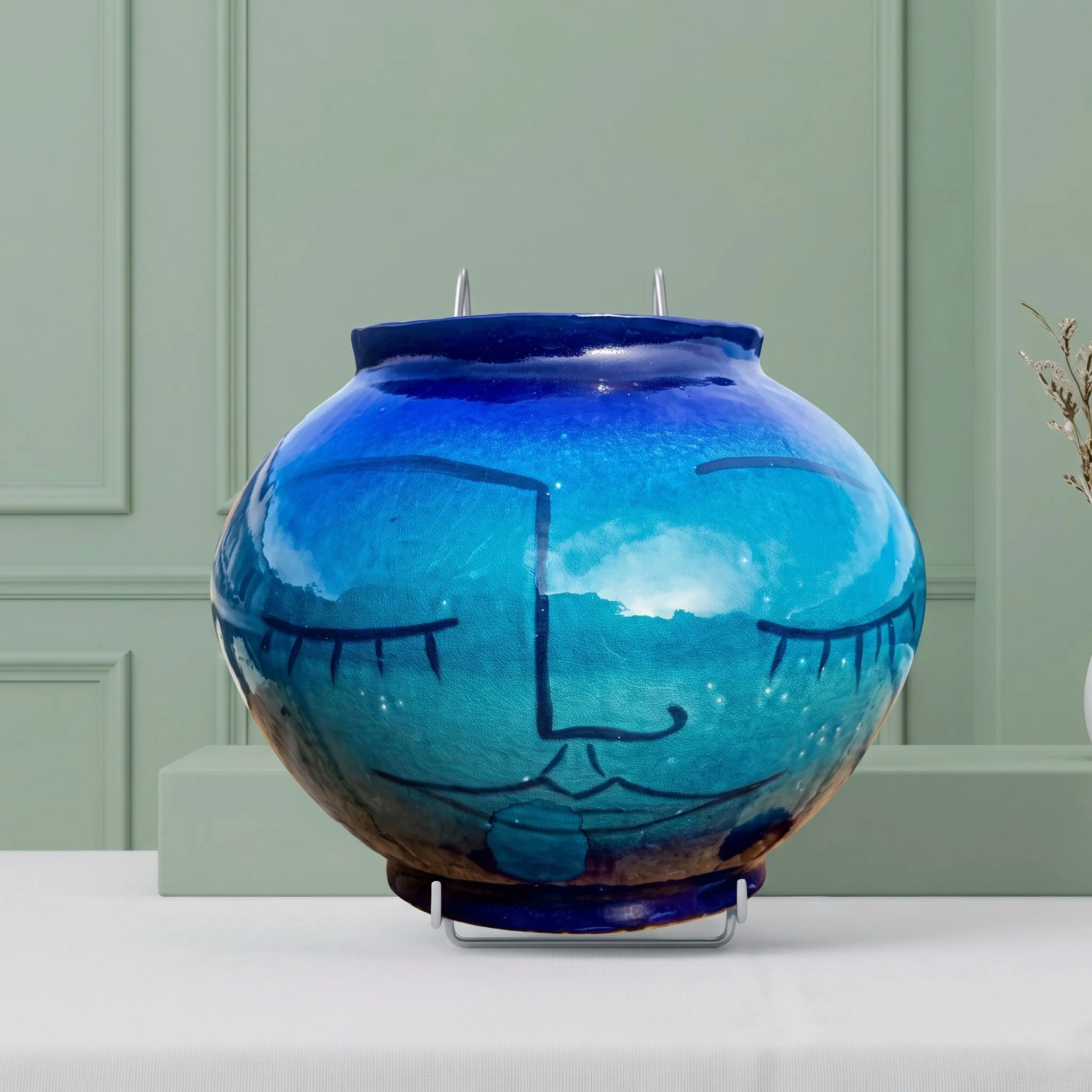 Une photographie d'un vase en céramique bleu avec des motifs noirs, placé sur une surface blanche dans un environnement intérieur avec un fond vert pâle.