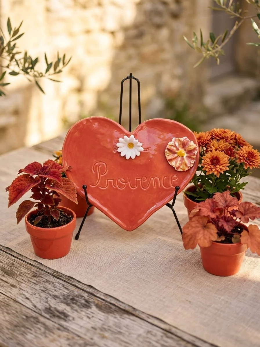 Une plaque en forme de cœur avec le nom 'Florence' inscrito, entourée de petites fleurs, entourée de pots de plantes aux feuilles rouges et oranges, sur une table en bois.