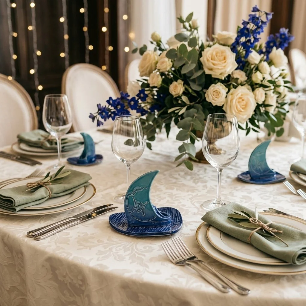 Une table élégamment dressée avec un grand bouquet de fleurs blanches et bleues au centre, vaisselle, verres à vin, couverts en argent, serviettes vertes attachées avec une corde, et des décorations en forme de croissant de lune bleus.