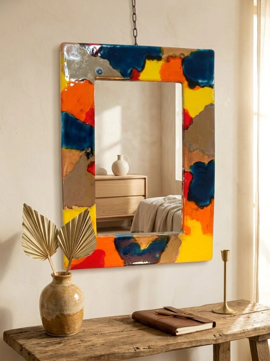 Un miroir avec un cadre coloré et abstrait, suspendu par une chaîne, au-dessus d'une table en bois rustic. Sur la table, une vase beige avec des feuilles de palmier séchées et un journal avec un stylo, ainsi qu'une bougie en métal.
