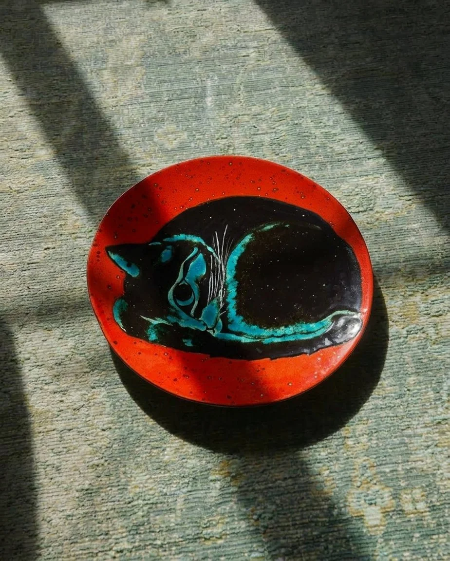 Petite assiette ronde de couleur rouge avec une illustration d'un chat noir et turquoise en position de repos, posée sur une surface en bois clair avec des rayons de lumière passant dessus.