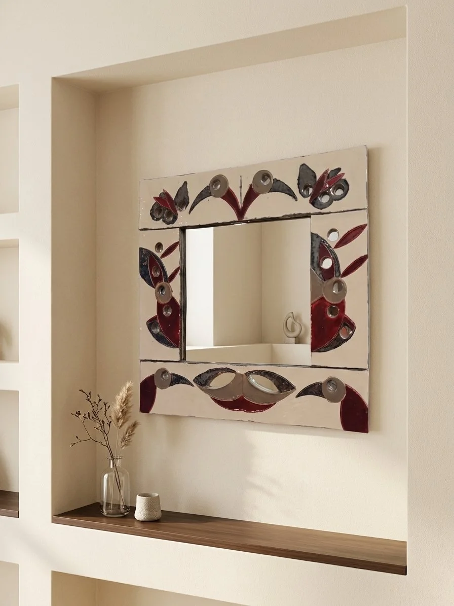 Miroir mural avec cadre décoratif en miroir et en métal de couleur rouge et argent, fixé sur un mur beige, avec une étagère en bois en dessous contenant un vase avec des fleurs séchées et un petit objet blanc