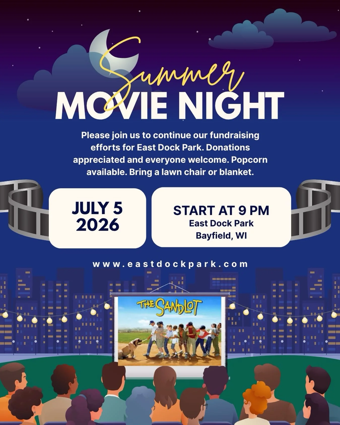 ⚾️✨ Join us on July 5th for a community movie night benefiting East Dock Park! 

Gather your family, friends, cozy blankets, and lawn chairs as we watch The Sandlot under the stars. 
*Movie begins @9PM 

Popcorn will be available, and donations of an