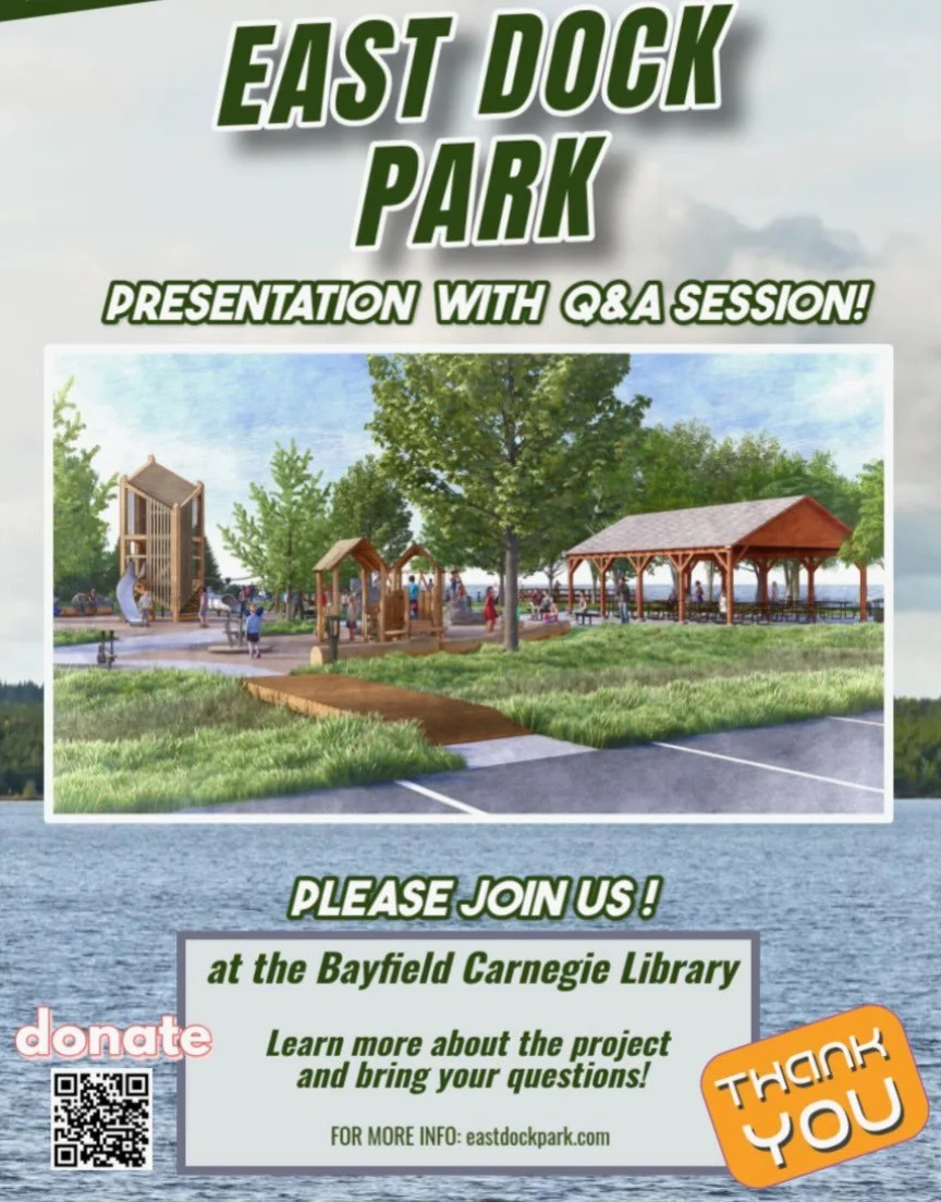 Join us 📣 on November 9th at 4:30 PM at the Bayfield Carnegie Library 💚 for a presentation and Q&amp;A about the East Dock Park Revitalization Project!

Our Playground Subcommittee (a group of local moms!) will share the latest designs, talk about 