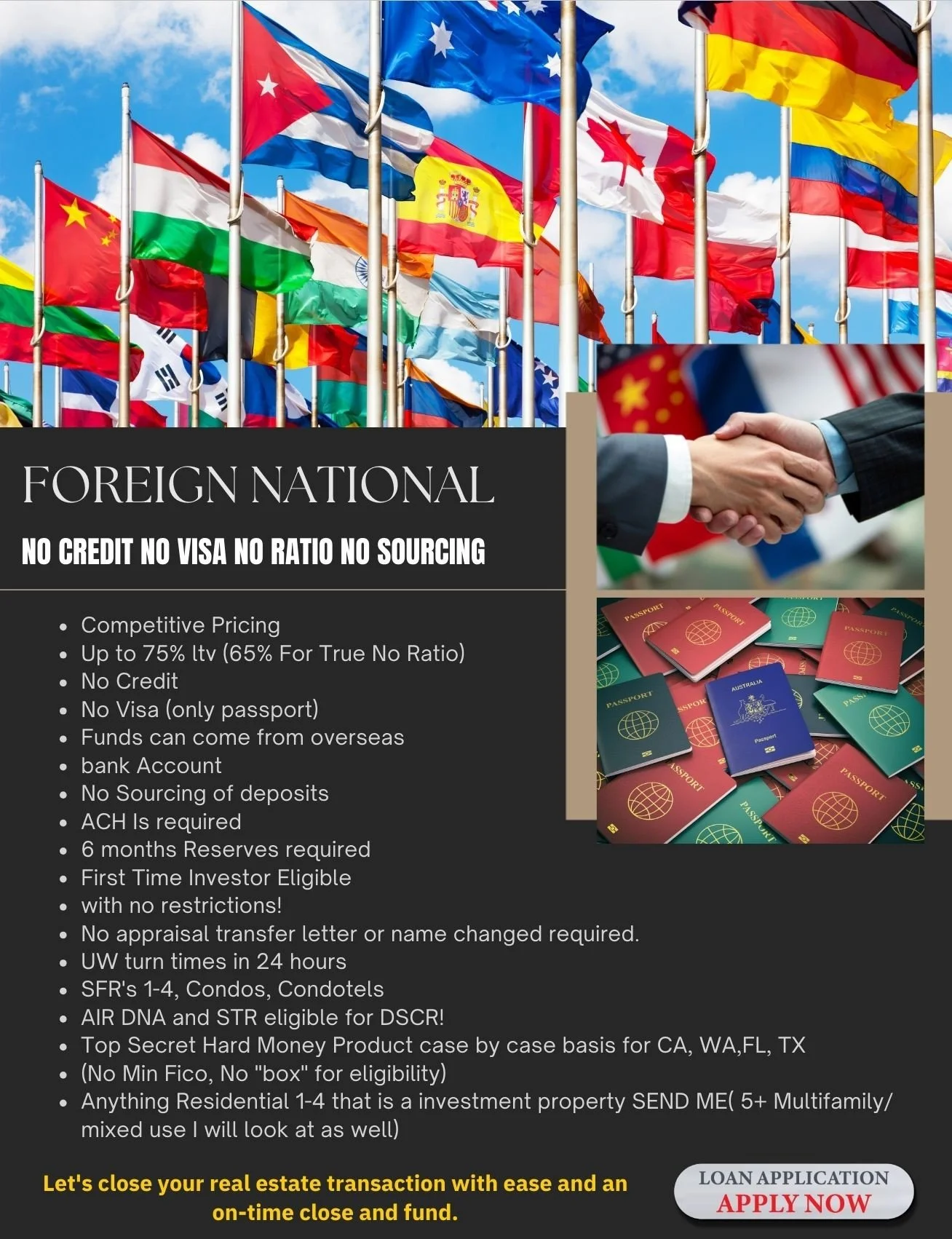 Flyer promoting foreign national real estate investment with images of flags, a handshake, and passports. Includes details about investment benefits and an apply now button.