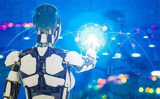 A humanoid robot with a glowing blue energy sphere in its hand, set against a backdrop of digital and colorful city lights.