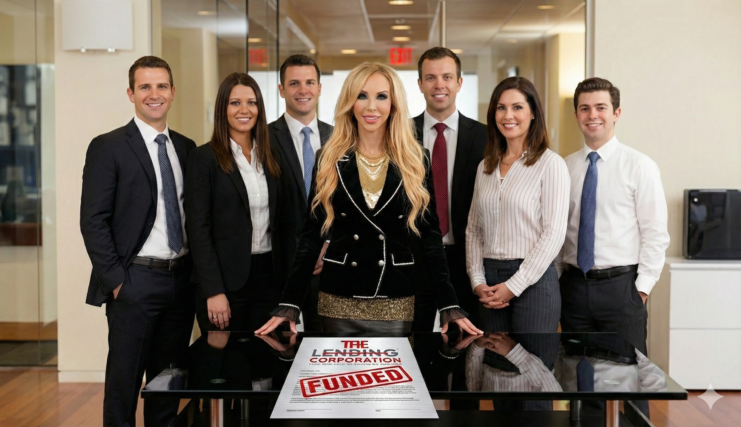 Group of seven professionally dressed business people standing behind a table with a document marked "FUNDDED" in red stamp, inside an office.