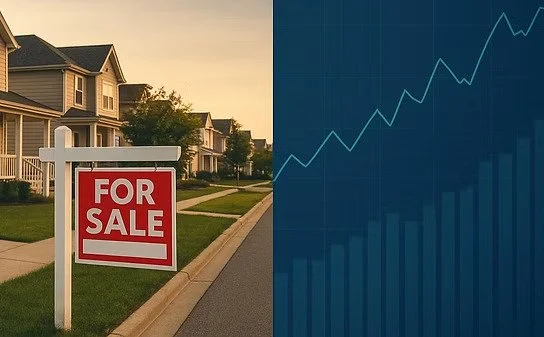 A split image showing a neighborhood with a 'For Sale' sign on the left and a digital graph with upward trending lines on the right.