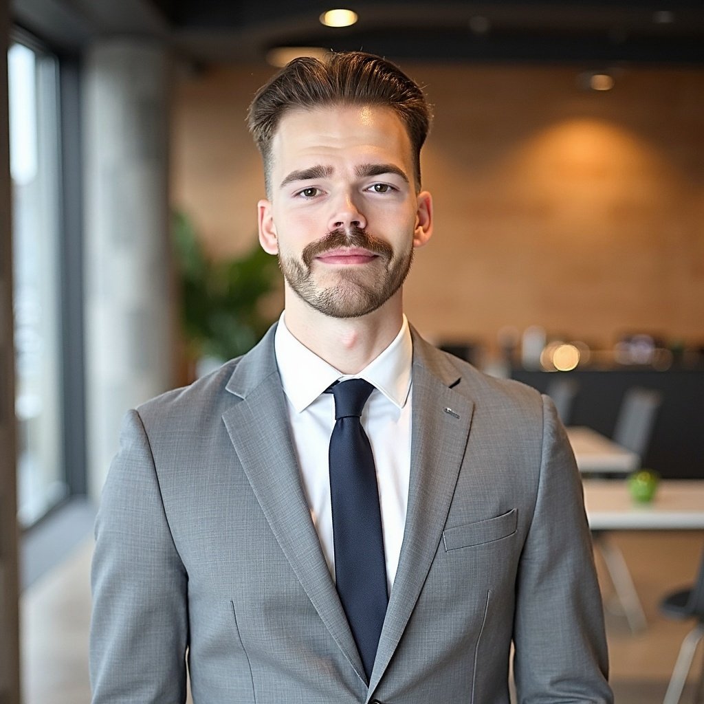 A young man in a gray suit, white shirt, and navy tie standing in a modern office with a brick wall and blurred office furniture in the background.
