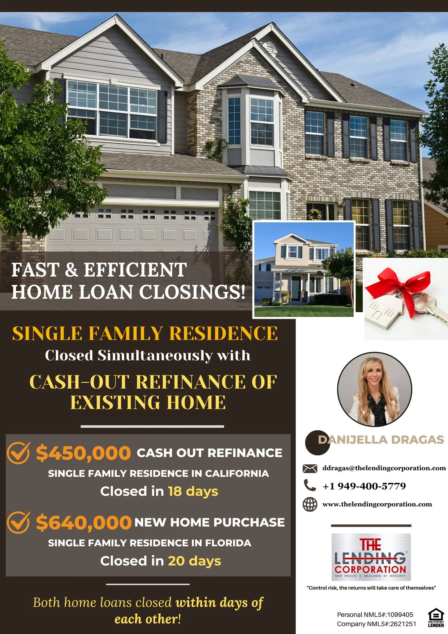 Advertisement for home loan refinancing and purchase with images of two houses and keys with a red bow, a woman smiling, and contact information.