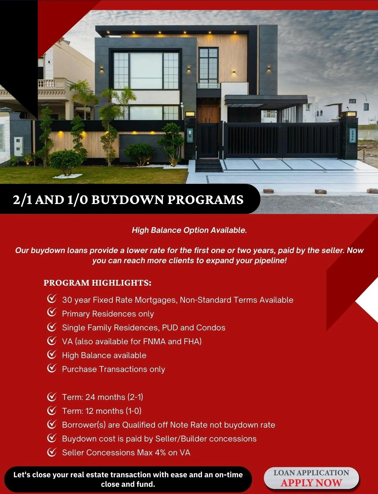 A modern house with a black gate, and well-maintained lawn, displayed on an advertisement for buydown loan programs, featuring text details about mortgage options and highlights.