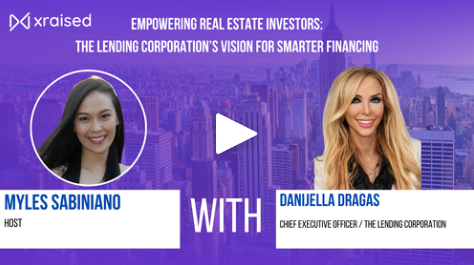 A promotional graphic featuring Myles Sabiniano, a host, and Danijella Dragas, the chief executive officer of The Lending Corporation, against a city skyline background with text about real estate investment and financing.