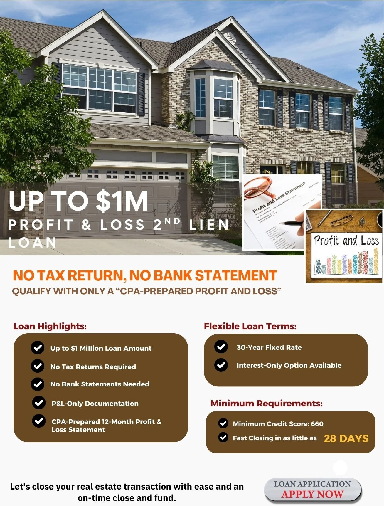 A promotional advertisement for a profit and loss second lien loan up to $1 million, highlighting no tax return or bank statement required, with flexible terms, minimal credit score, and quick closing time, featuring a large house in the background and financial documents.