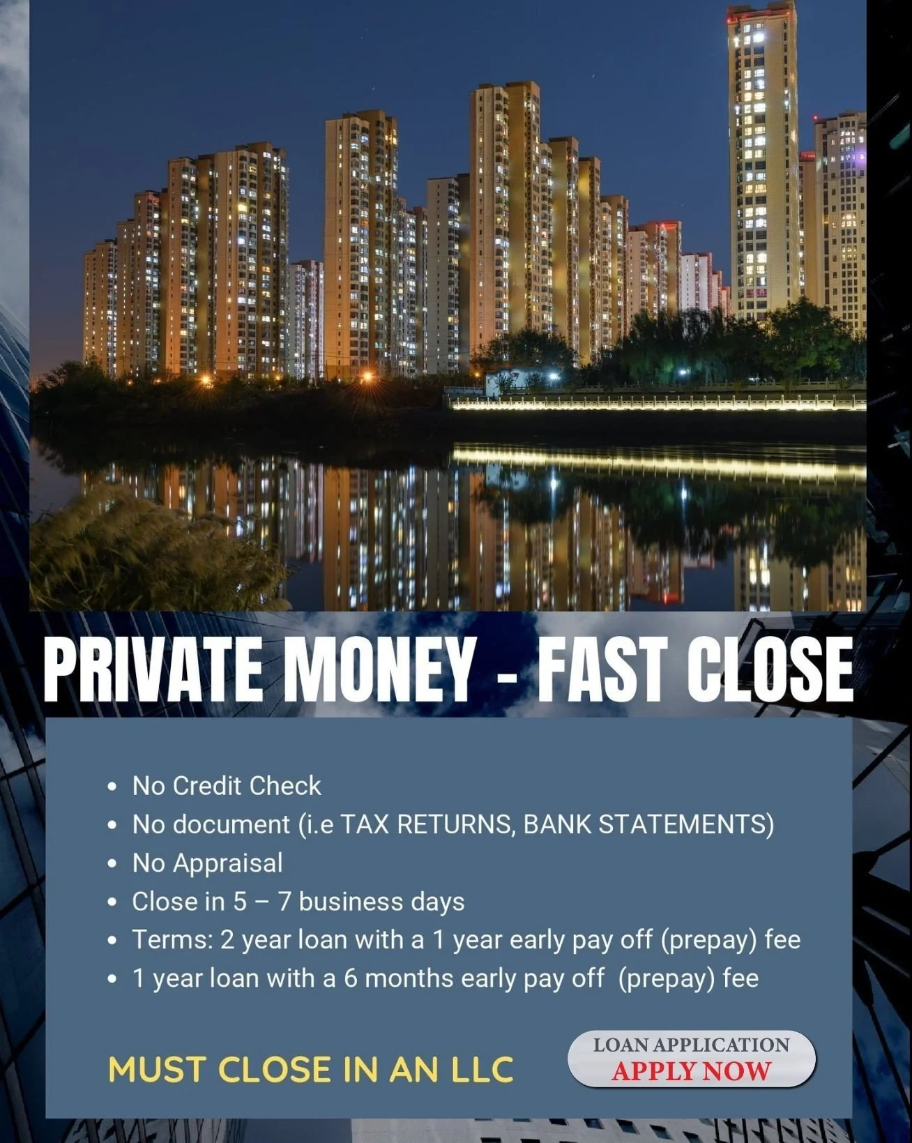 Nighttime cityscape with tall illuminated apartment buildings reflected in a body of water. Below the image, there is a flyer offering private money loans with details about no credit checks, no documents, quick closing, and terms, with a call to action to apply now.