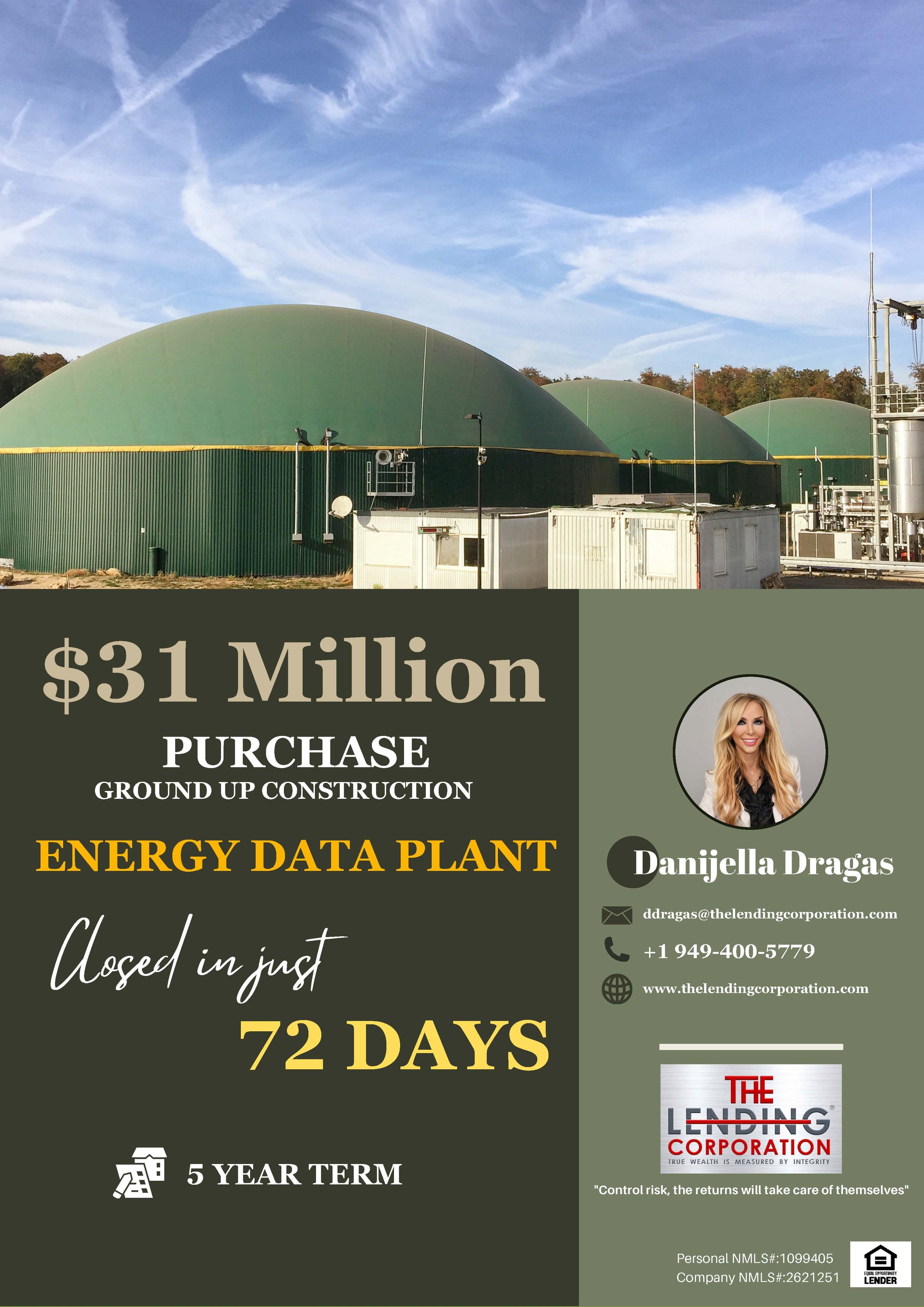 An announcement sign for a $31 million purchase of an energy data plant, indicating it is closed in 72 days, with contact information for Daniella Dragas, and a background image of a green energy plant with domed structures against a blue sky.