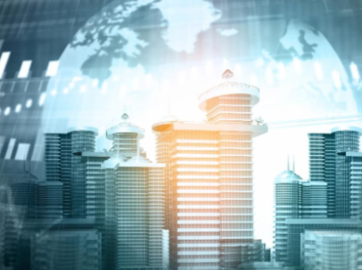 Modern city skyline with tall skyscrapers and a digital world map overlay.