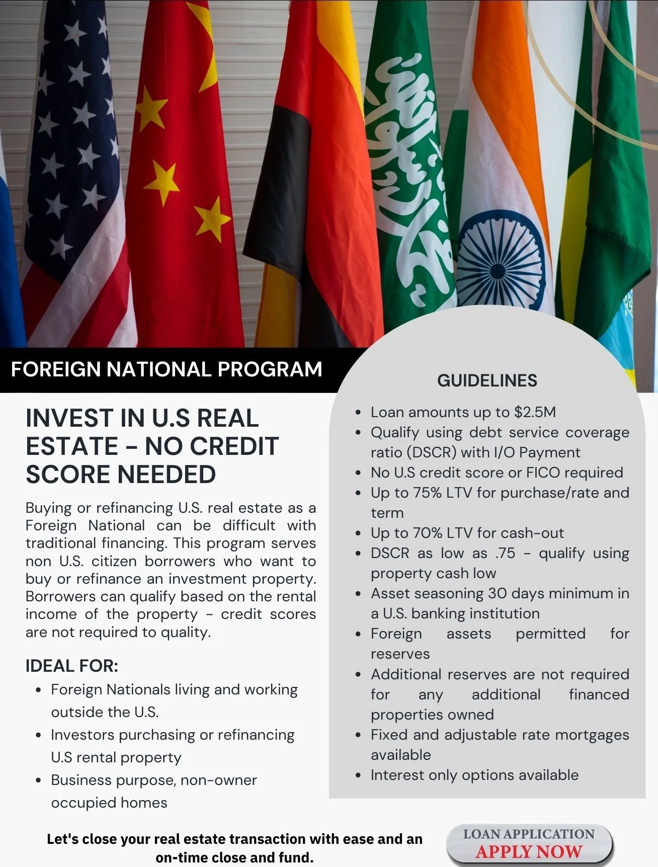 Poster with flags of the United States, China, Germany, Saudi Arabia, India, Ireland, Brazil, and South Africa. Text about a foreign national program for investing in U.S. real estate with no credit score needed, including guidelines and eligibility criteria.