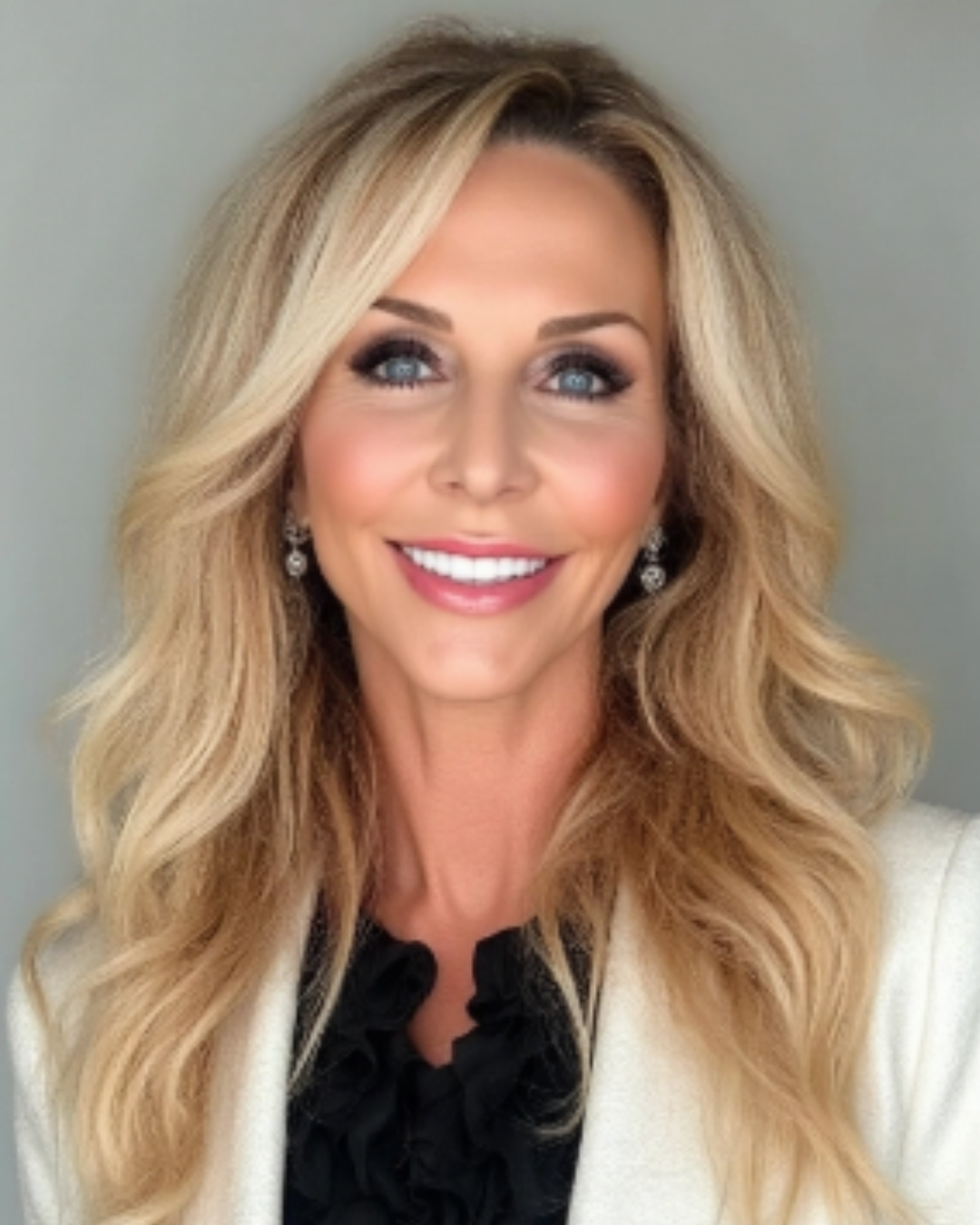 Close-up of a smiling woman with long, wavy blonde hair, blue eyes, wearing earrings and a cream-colored blazer, against a neutral background.
