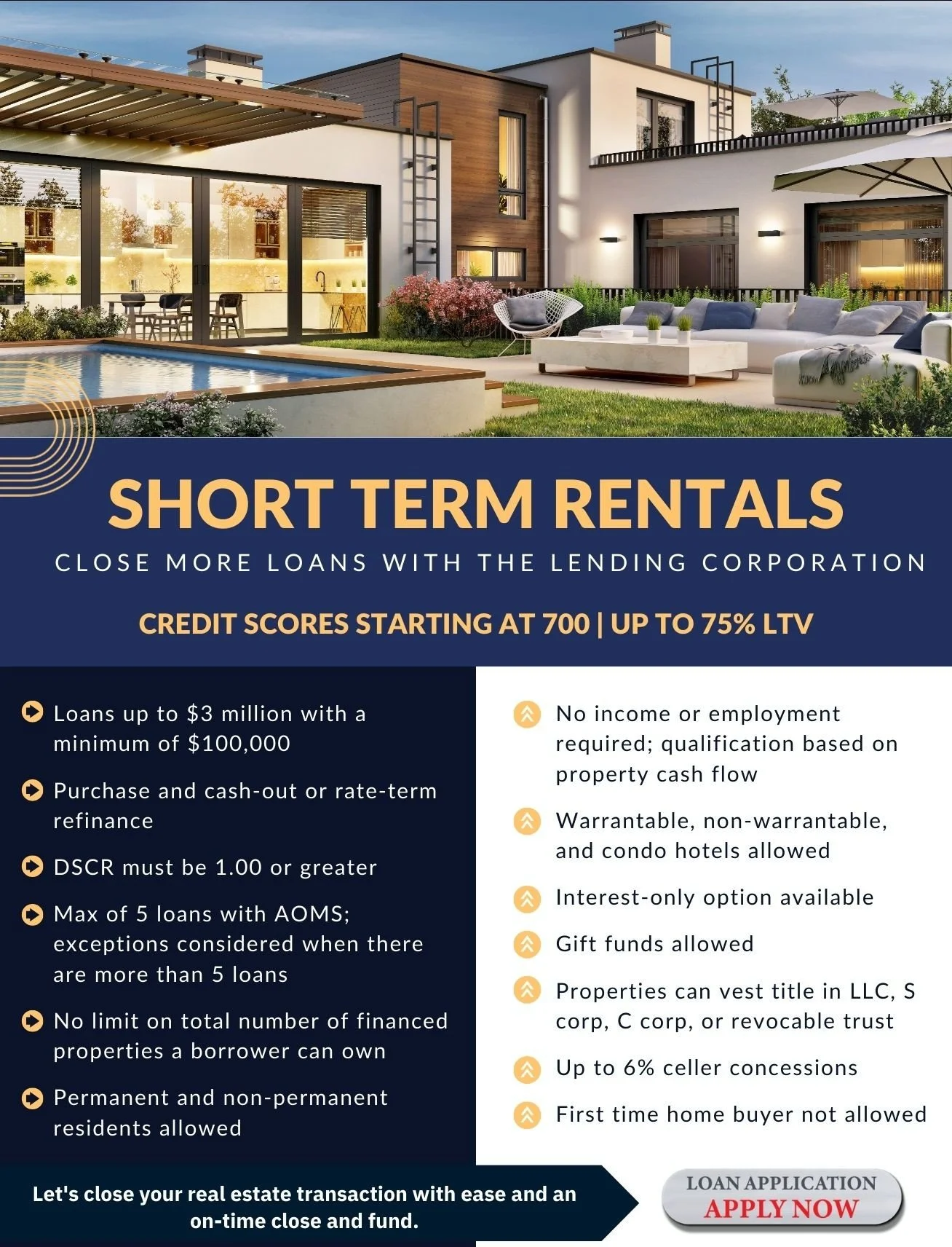 Real estate advertisement for short term rentals featuring a modern house with outdoor living space, pool, and patio furniture.