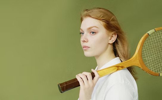Young woman with red hair holding a tennis racket over her shoulder, looking to her left against a green background.