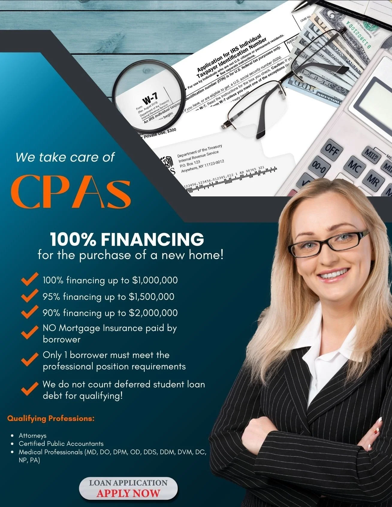 A promotional image for CPA financing for homebuyers, featuring a smiling woman with glasses, financial documents, a calculator, and a pen.