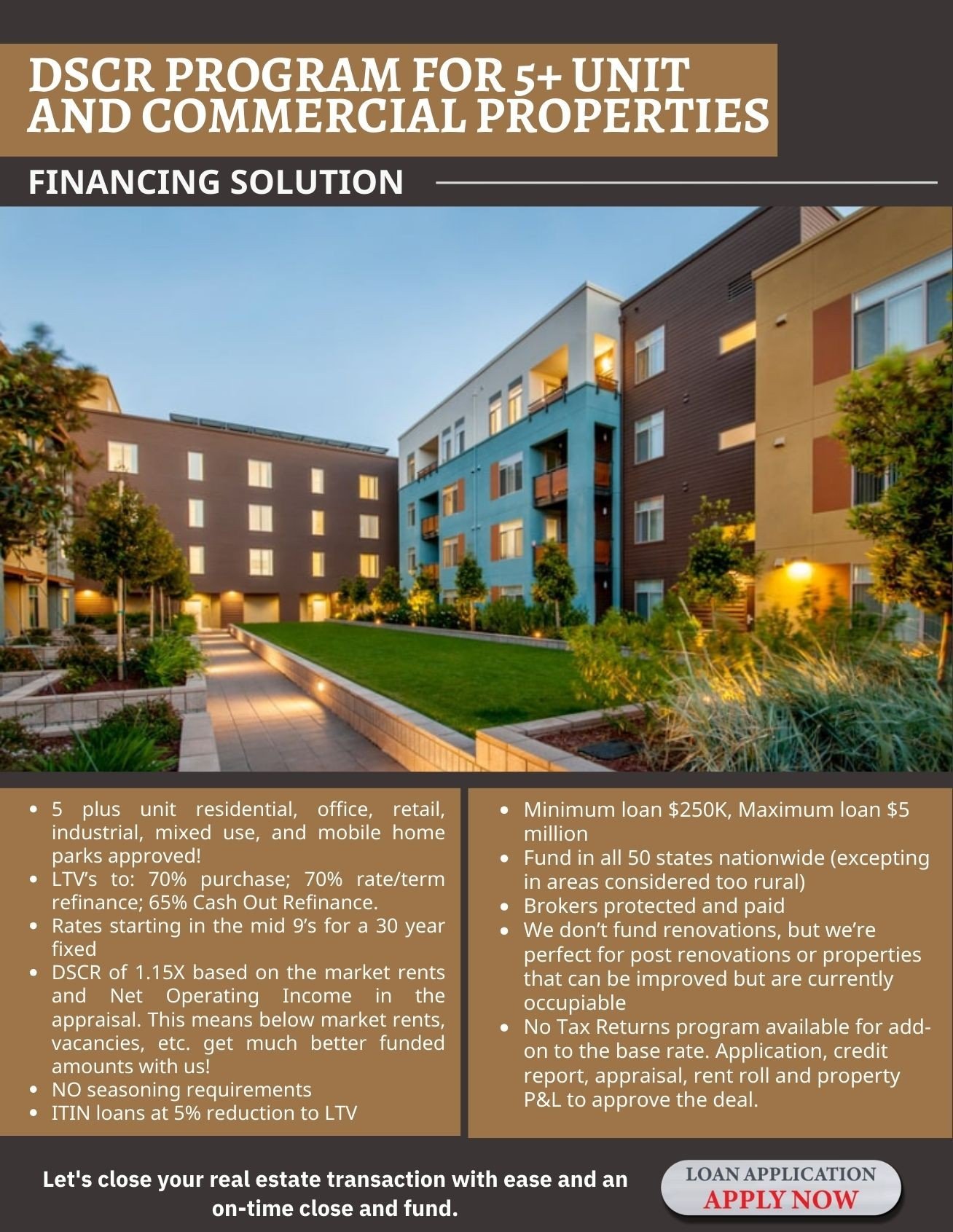 Flyer for DSCR program for 5+ unit and commercial properties, showing an apartment complex with landscaped courtyard, and informational text about financing options.