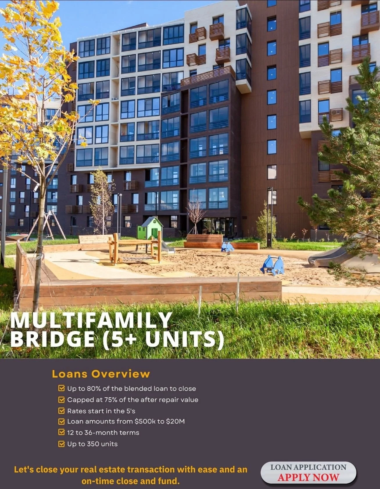 Image of a modern multi-family residential building with a playground in the foreground, featuring sand and blue play equipment, under a clear blue sky.
