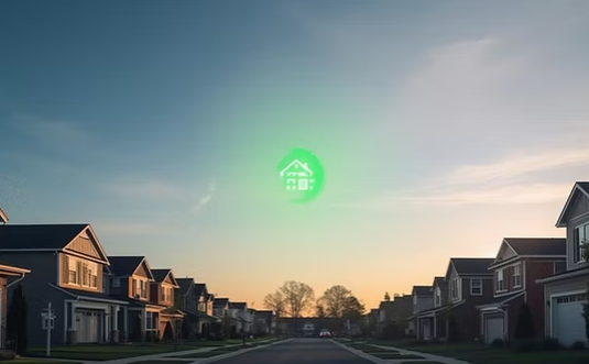 Illustration of various people managing homes and real estate transactions, with icons of houses, people, and financial symbols connected by lines and arrows.