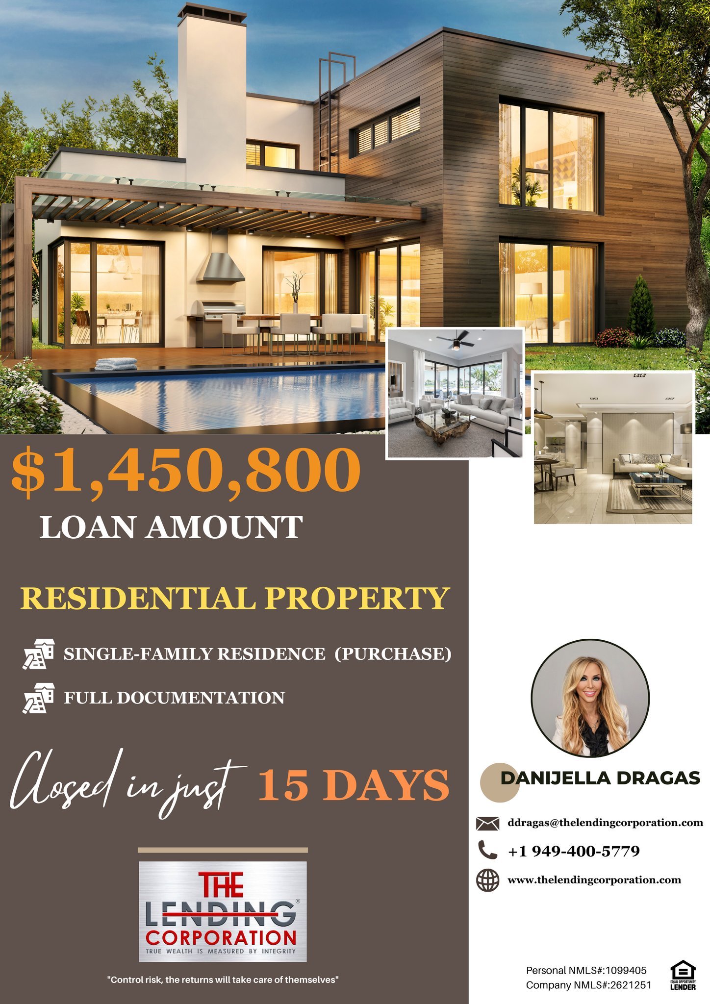 Real estate loan advertisement featuring a modern house with a pool, two interior living room images, and agent contact details.