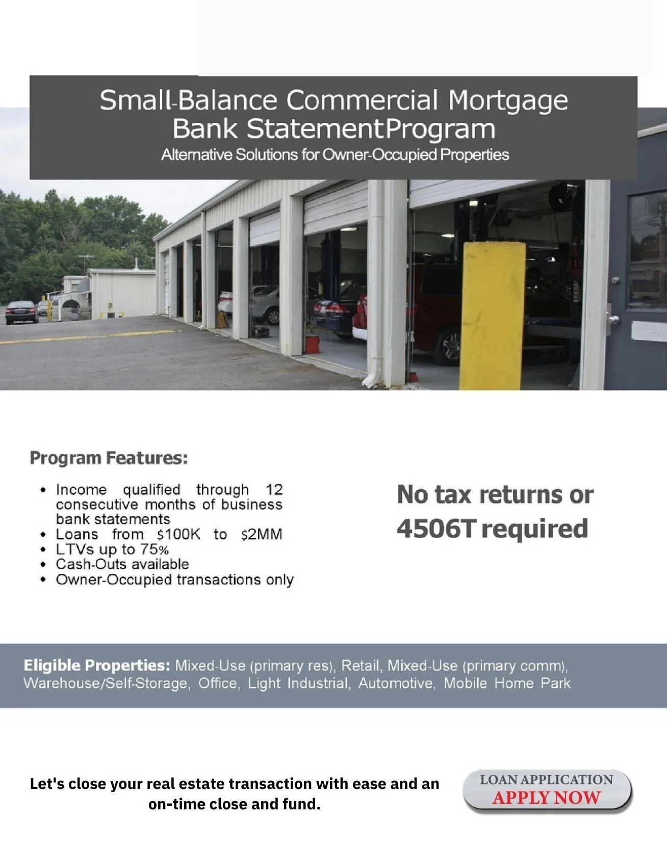 Flyer for Small-Balance Commercial Mortgage Bank Statement Program, showing a garage with cars, program features, eligibility, and a loan application button.