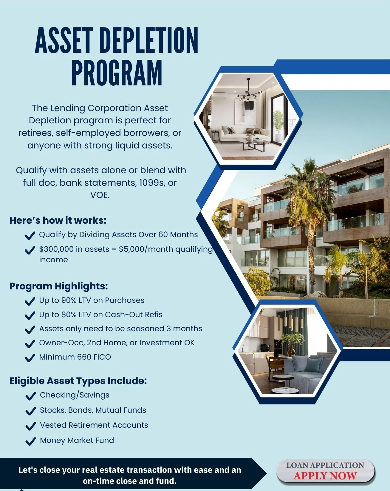 A promotional flyer for the Asset Depletion Program by The Lending Corporation, featuring images of modern interior and exterior residential buildings, with information about qualifying assets, program highlights, and eligible asset types for retirement or investment purposes.
