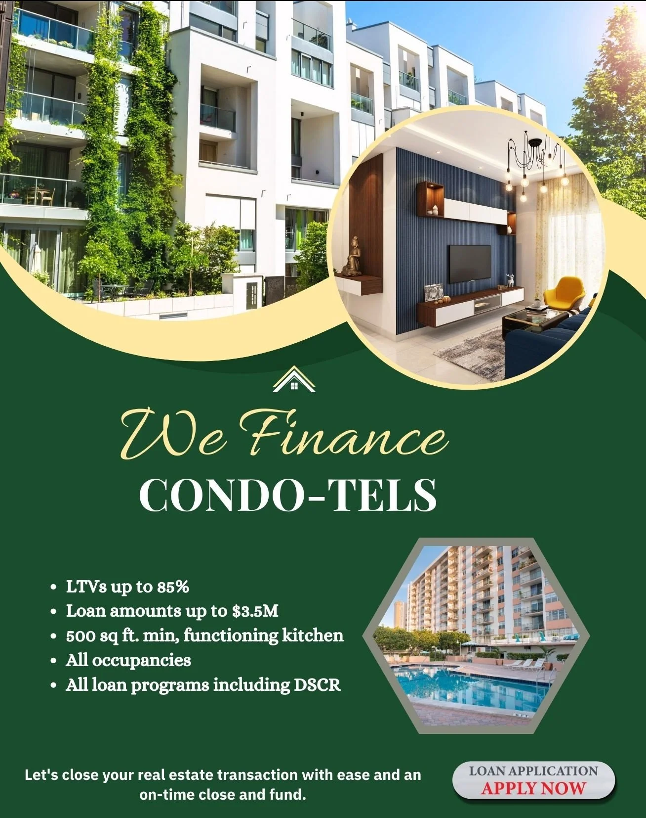An advertisement for condo-tels featuring images of a modern residential building, a stylish living room, and an outdoor swimming pool, with details about financing options.
