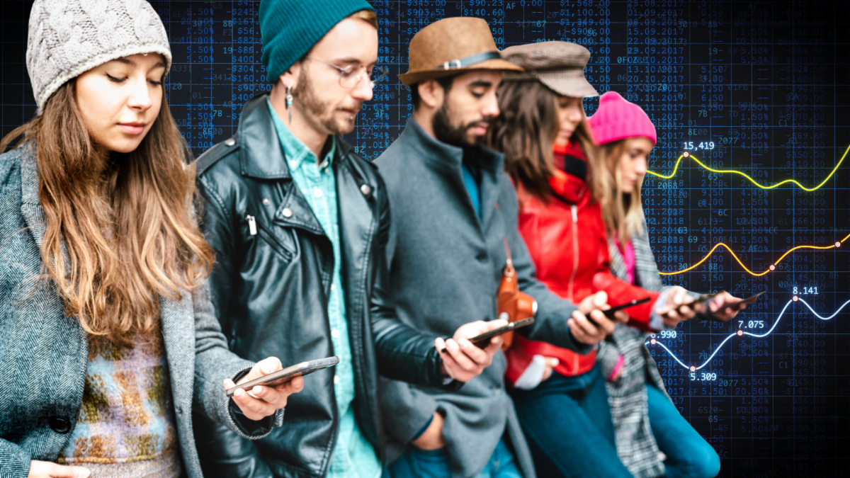 Group of five people wearing winter clothing standing in line, looking at their smartphones, with financial data and stock chart lines graph in the background.