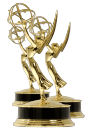 Three Emmy Award trophies representing The Aux Co founder’s award winning background in creative production.